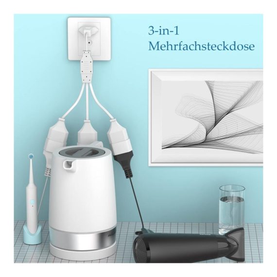 3-in-1 EU Verlängerungskabel mit Flexiblem Kabel Steckdosenadapter für Computer TV PC Phone – Euro Konverter Buchse Mehrfachsteckdose in Weiß