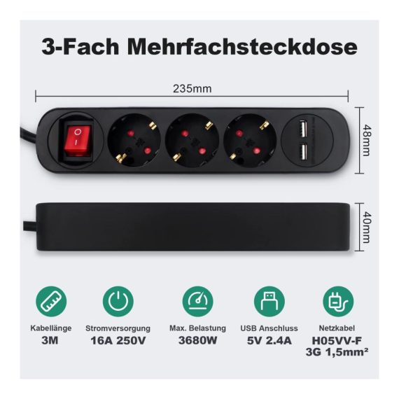 3-fach Steckdosenleiste USB 3680W 2 USB-Anschlüsse 5V/2.4A Schalter Kindersicherung 3m Kabel - RealMade Schwarz Steckerleiste für Smartphones