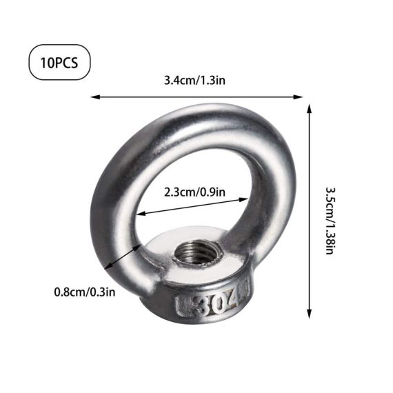 10er Pack M8 Ringmuttern aus poliertem 304-Edelstahl | Augenmutter für 230kg Traglast | Transportmutter ösengegossen