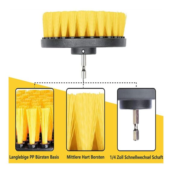 3-teiliges Drahtbürsten-Set für Bohrmaschinen | Badezimmer Fliesen Fugen Küchenreinigung | Power Scrubber-Bürstenaufsatz | Ideal für Autoräder | Gelb