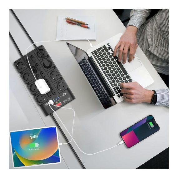 18-fach Mehrfachsteckdosenleiste mit USB-A und USB-C Überspannungsschutz Wandmontage 2m Kabel – ideal für Büro und Zuhause