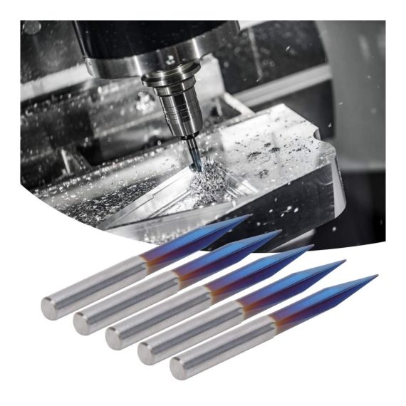 CNC-Fräser-Set 5-teilig aus Wolframstahl | V-Spitze mit Nano-Blau-Beschichtung | 2 Gerade Nuten | 4 mm Schaftfräser für präzise Gravuren und Schnitzarbeiten