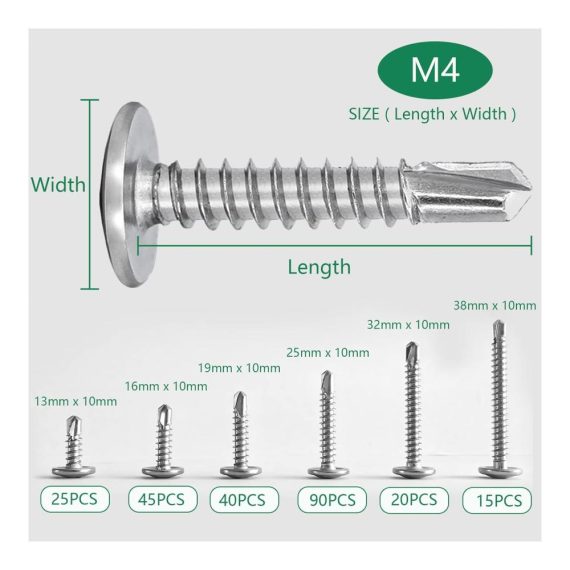 Blechschrauben-Set 235 Stück M4.2 Selbstschneidende Bohrschrauben mit großem gewölbtem Kopf aus Edelstahl – Selbstbohrend Selbstschneidend mit praktischer Box – Größen M4 * 38mm/32mm/25mm/19mm/16mm/13mm