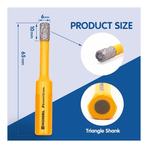 5-teiliges HIGHDRIL Diamantbohrer-Set 6mm Dreiecksschaft für Beton Granit Marmor Glas Feinsteinzeug & mehr