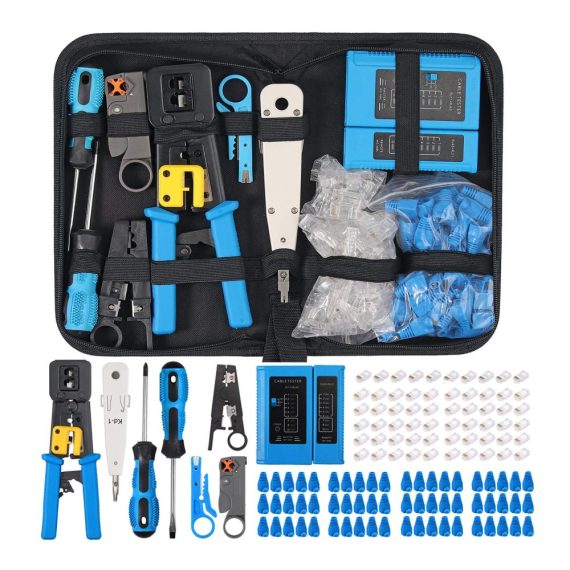 128-tlg Crimpzangen Netzwerk Werkzeug Set - Professionelles Auflegewerkzeug und Reparaturkit für RJ11 RJ12 RJ45 CAT5e CAT6 - Inklusive Kabeltester Patchkabel Tester und Computer Wartungstools