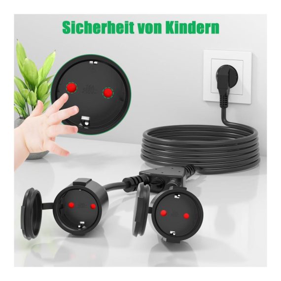5m Verlängerungskabel mit Doppelstecker für Outdoor-Steckdosen - Schwarz 15mm² Stromkabel 2-fach Steckdose inklusive