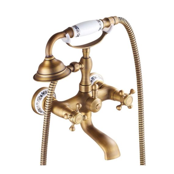 Antik Messing Wandmontage Badewannenarmatur mit Handbrause im Retro-Stil – Zwei Griffe Duscharmatur für eine stilvolle Badeerfahrung