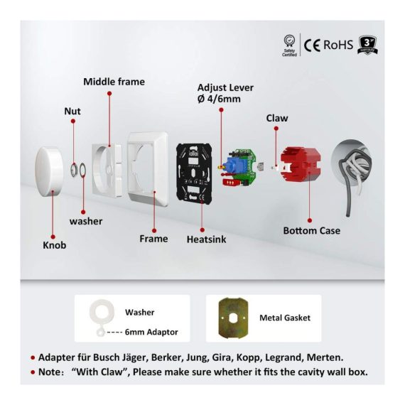 Dimmschalter iolloi LED Dimmer Unterputz - Drehdimmer für Dimmbare LED/Halogen 230V - Schalter mit Klemmkrallen & Abdeckung - Dimmer für LED Lampen 5-300W
