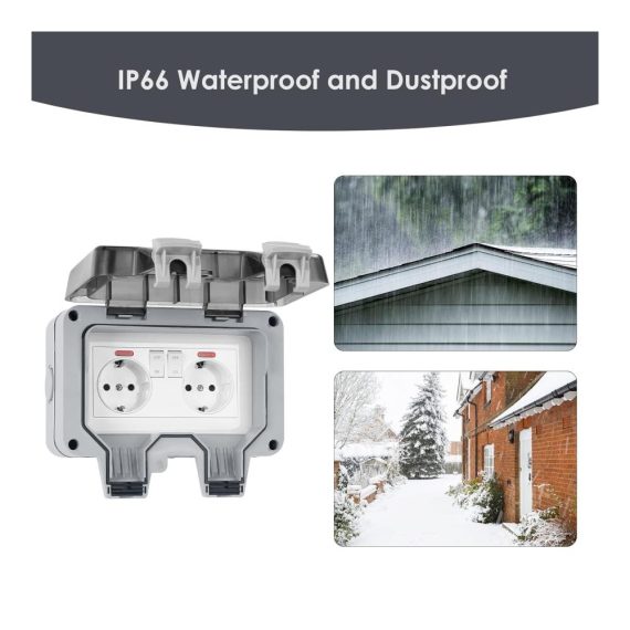 2-fach Außensteckdose mit IP66 Wasserschutz Klappdeckel und Kabelverbinder - Ideal für Küche Bad Garage Schwimmbad und Garten - Staubdicht und Outdoor Steckdose
