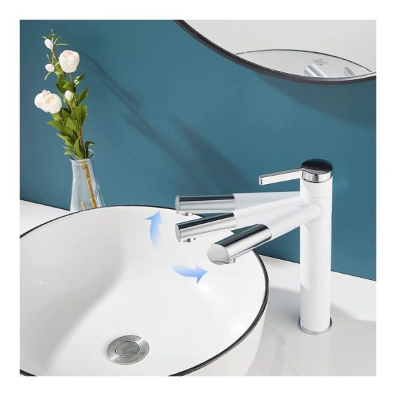 360° Drehbarer Hoch-Waschtischarmatur mit Einhebelmischer Touch-On-Funktion 50cm Flexible Schläuche Moderne Einfachheit - Weißes Messing-Wasserhahn fürs Bad