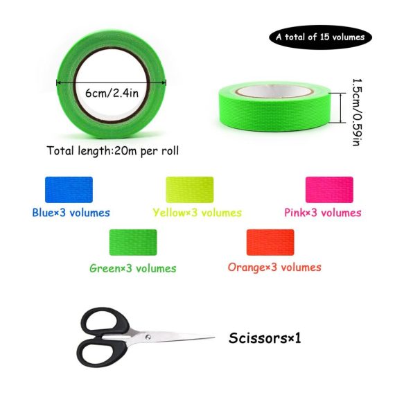 Fluoreszierendes Panzertape Set - 15 Rollen UV Schwarzlicht Neon Klebeband 5mm*20m Ideal für Partys Kunst Handwerk und Dekorationen in 5 Farben