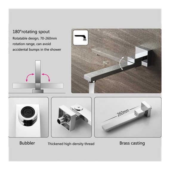 Badewannenarmatur 1/2 Zoll 180° schwenkbar Wandmontage aus Messing 260 mm Einlauf Zulauf Chrom-Finish - Hochwertige Wanneneinlaufarmatur für stilvolles Baden