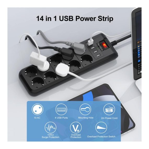 10-Fach Steckdosenleiste mit USB Überspannungsschutz Wandmontage Kindersicherung - 4000W 16A 4 USB-Anschlüsse 2M Kabel Steckerleiste für Zuhause und Büro