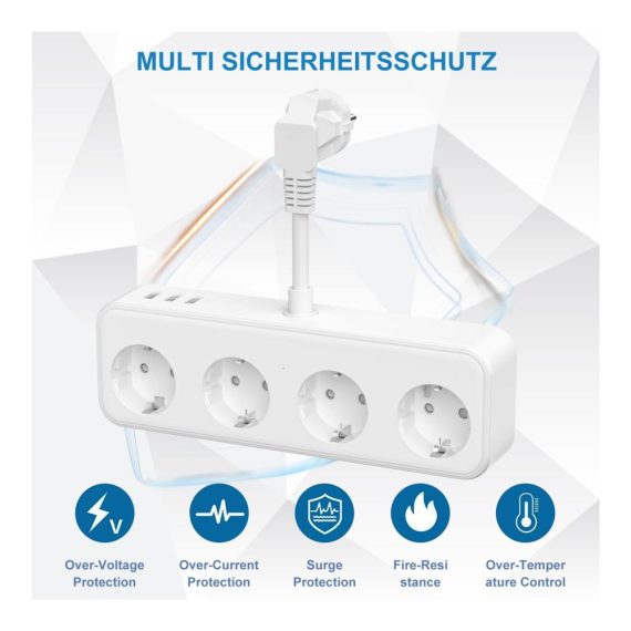 4-Fach Steckdosenleiste mit USB-Anschlüssen (5V/3.1A) - Weiß Mehrfachsteckdose für Schlafzimmer Reise und Büro Verlängerungskabel Steckdosenadapter 7 in 1