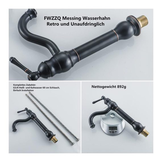 Bidet-Armaturen FWZZQ Wasserhahn Bad Schwarz Retro 360° Schwenkbar - Hochwertige Messing Waschtischarmatur mit Einhebel für Nostalgie Badezimmer