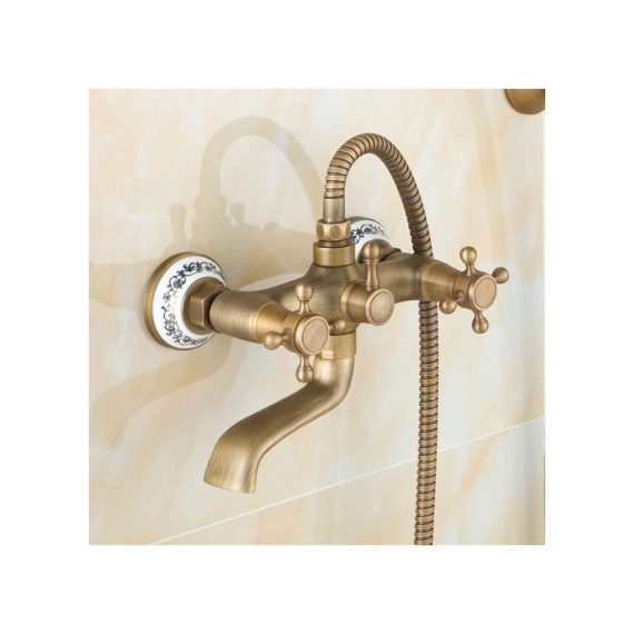 Antik Messing Wannenarmatur mit Doppelgriff und Handbrause - Wasserfall Badewannenarmatur für Wandmontage