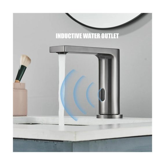Smart Sensor Wasserfall-Wasserhahn in Gun Grey für Badezimmer - Automatischer Touch-Wasserhahn Becken-Deckmontage Heiß-Kaltwasser-Mischbatterie ideal zum Töpfefüllen (1 UK Gun Grey Short