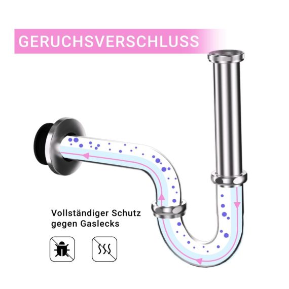 Universal Edelstahl-Siphon für Waschbecken mit langem Tauchrohr - Genormtes 1 1/4 Zoll Abflussrohr rostfrei inklusive Gummimanschette
