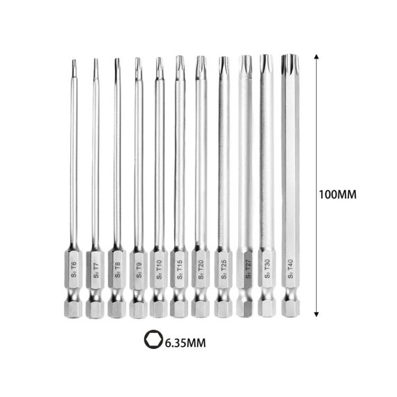 12-teiliges Torx Schraubendreher-Set aus magnetischem S2-Stahl - T6 bis T40 Sternkopf 100mm Länge - Ideal für Elektrowerkzeuge