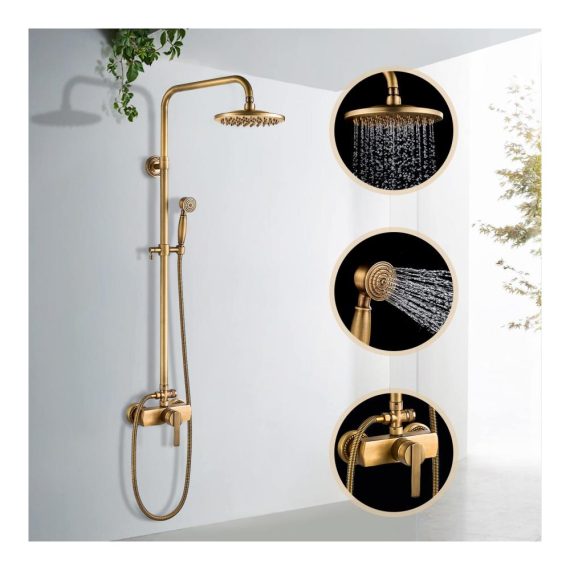 Antike Messing Duscharmatur Set Solepearl Duschsystem in Gold mit Regendusche Retro Duschset Höhenverstellbar 70~120cm inklusive 8 Handbrause Köpfen