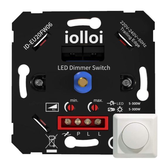 Dimmschalter iolloi LED Dimmer Unterputz - Drehdimmer für Dimmbare LED/Halogen 230V - Schalter mit Klemmkrallen & Abdeckung - Dimmer für LED Lampen 5-300W