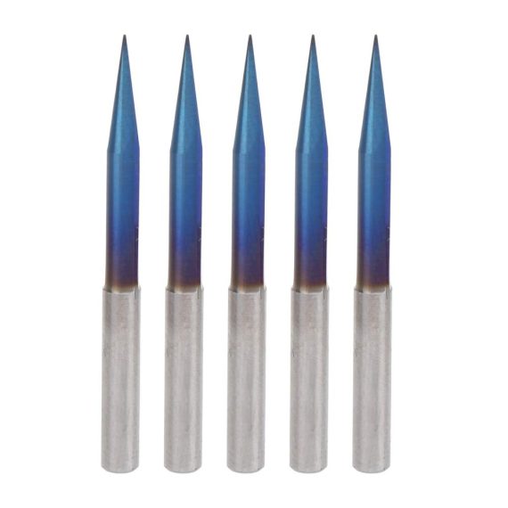 CNC-Fräser-Set 5-teilig aus Wolframstahl | V-Spitze mit Nano-Blau-Beschichtung | 2 Gerade Nuten | 4 mm Schaftfräser für präzise Gravuren und Schnitzarbeiten