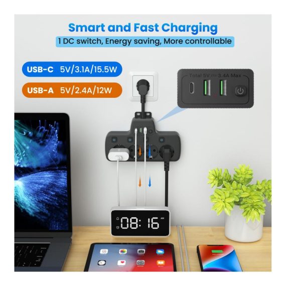 4-Fach Steckdosenleiste mit Einzelschaltung USB C Anschluss Wandmontage - Schwarz