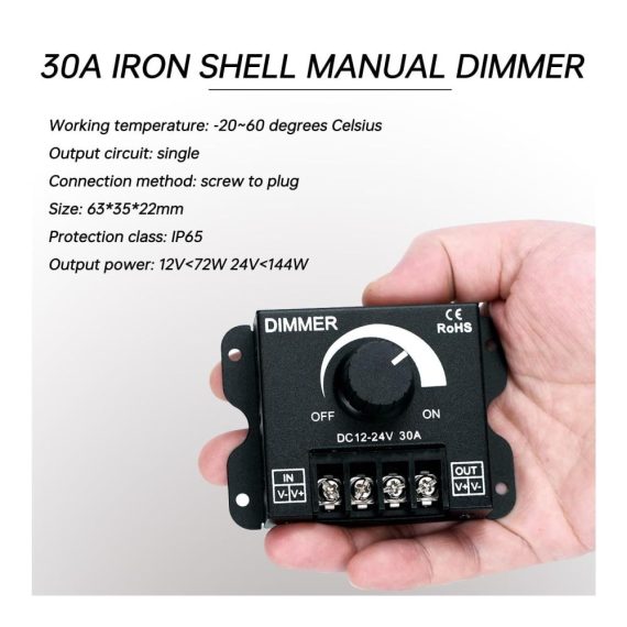 12V-24V 30A LED-Dimmer für einfarbige LED-Streifen - PWM Regler für Schwarz Knopfsteuerung & Helligkeit | Band-Beleuchtung bis zu 144W