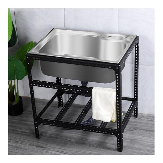 Edelstahl-Ausgussbecken Freistehendes Single-Bowl Waschbecken mit schwarzer Halterung ideal für Küche Terrasse Garage und Esszimmer - Camping Spüle mit Abflussrohr Abtropffläche inklusive