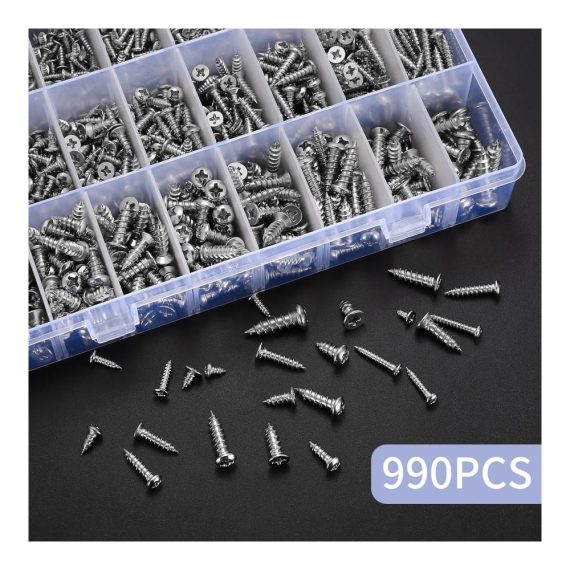 990-teiliges Holzschrauben-Sortiment-Set selbstschneidend Edelstahl M3/M4/M5/M6 Kreuzschlitz Deck-Trockenbau-Betonschrauben 500 Stück Flachkopf 490 Stück Rundkopf