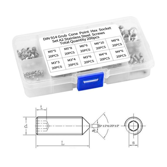 Edelstahl Madenschrauben Set - 200-teiliges Sortiment Konische Spitze Innensechskant Cup Point M3 M4 M5 M6 M8 Gewinde - Worm Screws für vielseitige Anwendungen