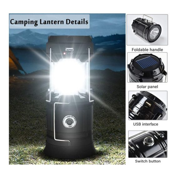 LED Campinglampe Solar | Wiederaufladbare USB Taschenlampe | Wasserdicht & Notfallleuchte für Outdoor-Aktivitäten | Zeltleuchte für Wandern Angeln & Ausfälle (schwarz