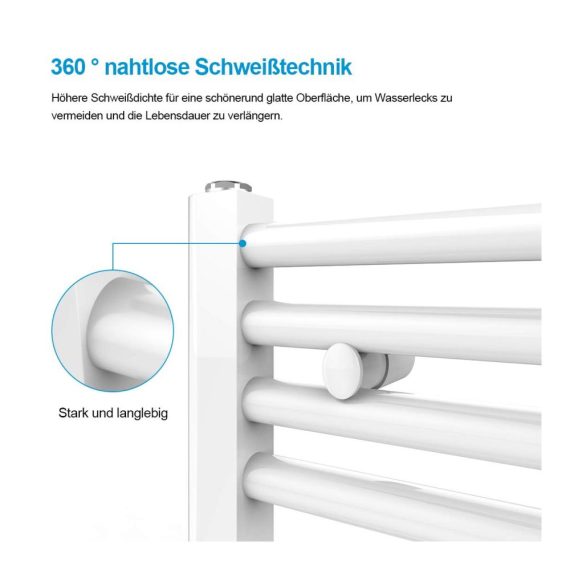 Badheizkörper 160x50 cm Weiß - Energiesparender Handtuchtrockner für Ihr Bad mit 654 Watt Leistung Mittelanschluss und Untenanschluss - Moderner Handtuchwärmer für optimale Heizungseffizienz