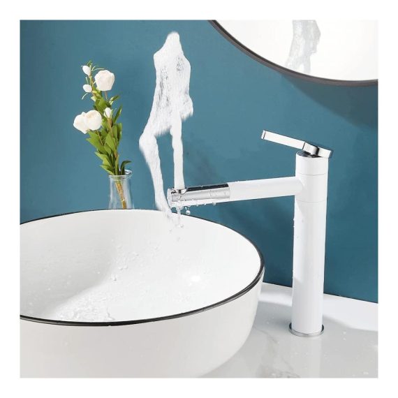 360° Drehbarer Hoch-Waschtischarmatur mit Einhebelmischer Touch-On-Funktion 50cm Flexible Schläuche Moderne Einfachheit - Weißes Messing-Wasserhahn fürs Bad