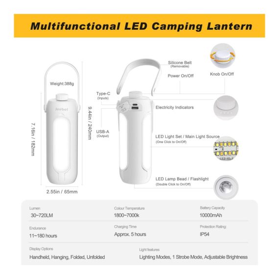 Campinglampe LED - Faltbare Laterne mit 10000mAh Notstrombank 720 Lumen 5 Lichtmodi Aufladbar - Perfekte Campingleuchte für Zelt Wandern Notfälle und Angeln