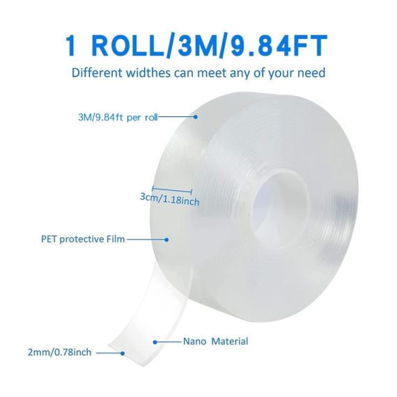 Doppelseitiges Klebeband 3m - Extra Stark Transparent (2 mm dick) - Waschbar Ablösbar Spurloses Nano Tape für Foto Teppich Holz Metall - Büro & Küche