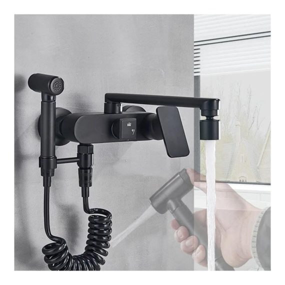 Bidet-Armaturen 360° Rotate Kitchen Faucet with 2-Function Sprayer Hot and Cold Mixer Taps - Ideal for Washing Vegetables - Wall Mounted Black Faucet (Chrome Color