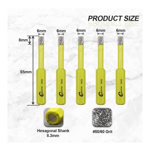 Diamant Bohrkrone Set 6mm Fliesen- & Glasbohrer mit Sechskant Schaft - 5 Stück für Keramik Porzellan Granit Marmor Quarz - Perfekt für Trockenbohrungen in Kunststein