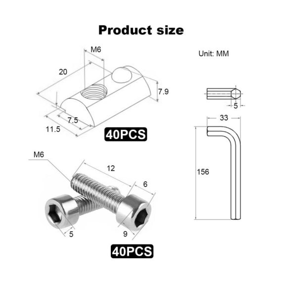 30er-Serie T-Nut-Muttern-Set M6 für 8mm Schlitz Aluprofile 40 Stück Nutensteine mit Schrauben & Innensechskantschlüssel