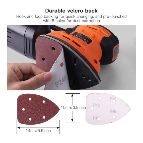 60er Pack Klett-Schleifdreiecke für Dreieckschleifer - 92 x 140 mm 5-Loch Schleifblätter in 40/60/80/120/180/240 Körnungen für Black und Decker Schleifmaus & Dreieckschleife