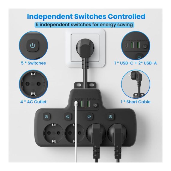 4-Fach Steckdosenleiste mit Einzelschaltung USB C Anschluss Wandmontage - Schwarz