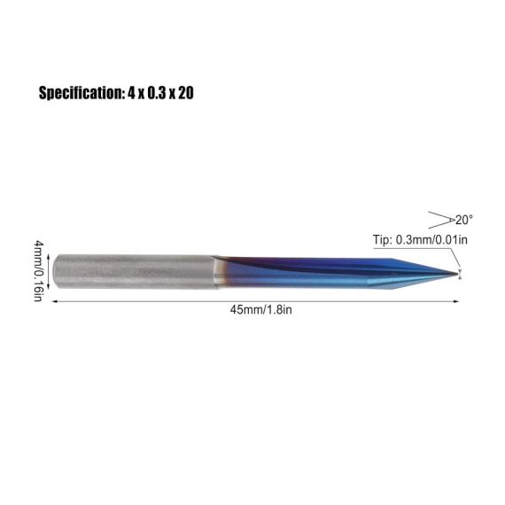5-teiliges CNC-Fräser-Bit-Set mit Nano-Blau-Beschichtung - 2 Rillen V-Spitze 4 mm gerader Schaft - Ideal für Gravur und Schnitzwerkzeug 4 x 03 x 20 mm
