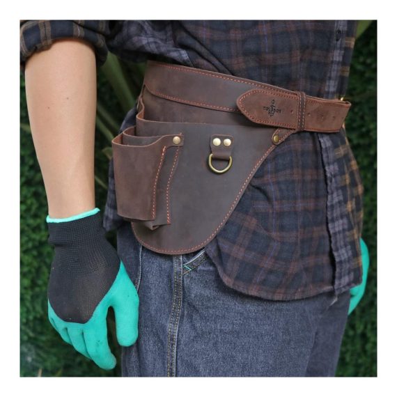Leder Werkzeugtasche für Elektriker und Tischler – Verstellbare Gartenwerkzeugtasche in Dunkelbraun (26 x 22 cm