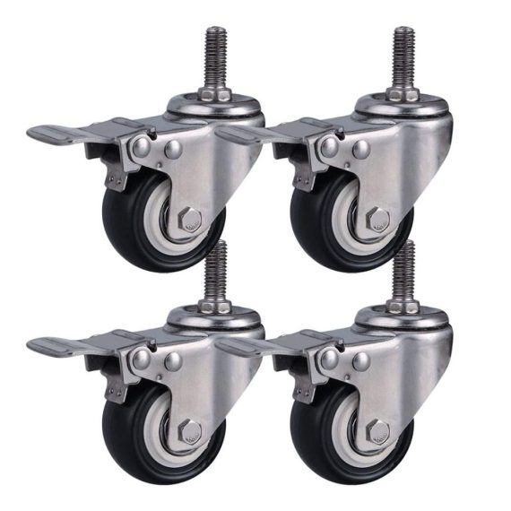 15-Zoll Edelstahl 304 Lenkrollen für Möbel - Robuste Radplattenrollen mit M8/M10/M12-Gewinde 300 kg Tragkraft geräuschlos PU-Bremse drehbar