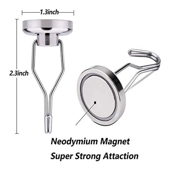 Magnetische Haken Extra Stark (45KG) - Neodym Magnethaken für Grillwerkzeug Drehbarer Magnet-Haken mit Haken für Decke Magnettafel Küche & Büro (6 Stück Silber