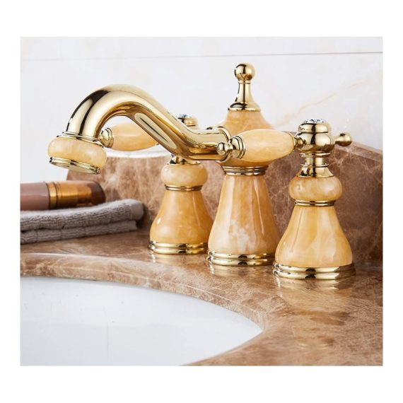 Automatischer Messing-Waschtischarmatur mit Sensor Goldtopas Drehversion - Kalt- und Warmwasser Dreiloch-Wasserhahn für antikes Waschbecken