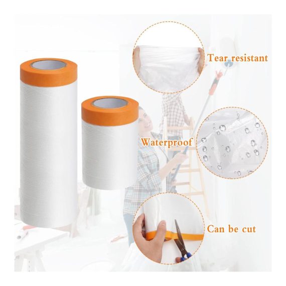 Malerkrepp 5er Set – Selbstklebende Abdeckfolie (55cm x 150cm) inklusive Gewebeklebeband – Transparentes PET Masker Tape für Staubschutz und UV-Beständigkeit