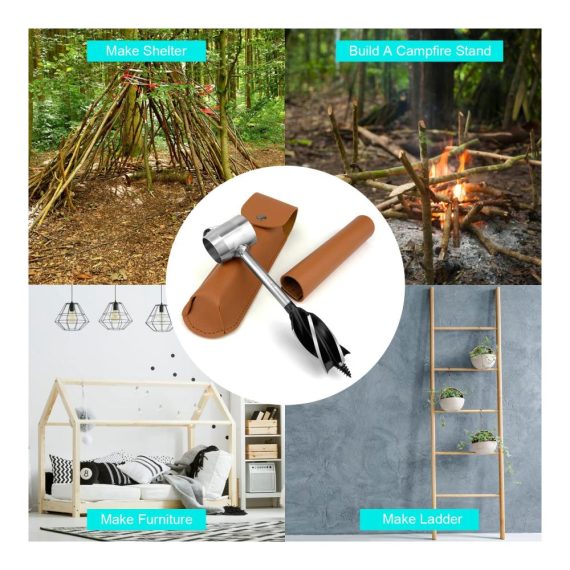 Holzbearbeitungs-Set Manueller Schneckenbohrer mit Lederhülle Baggerschnecke Schraubenschlüssel - Effizientes Handbohrmaschinen-Kit für Holz Bushcraft und Survival