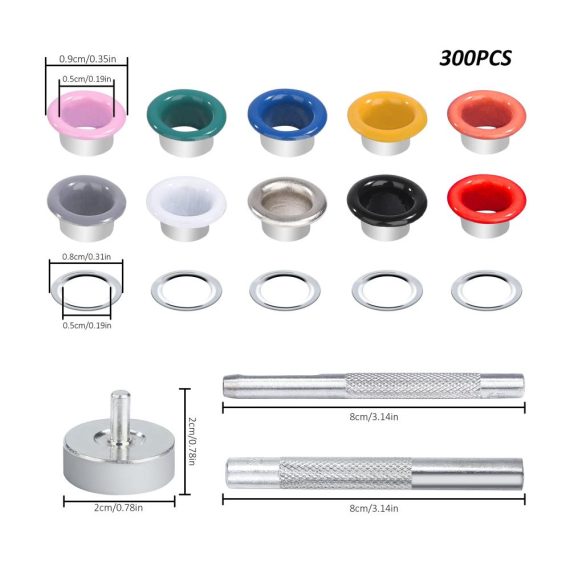 Metallösen-Set 300 Stück - 5mm Tüllen Kit für DIY Handwerk Schuhe Kleidung Taschen - Inklusive Installationswerkzeug - Multicolor Ösen (10 Farben