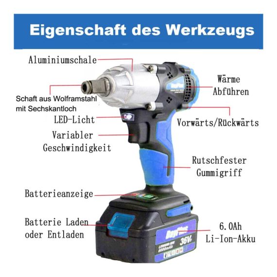 Akku Schlagschrauber 1/2 Zoll - Leistungsstarker Elektro-Schrauber mit 18V 6.0Ah Akku 420Nm Drehmoment 2-Gang-Funktion für mühelosen Reifenwechsel inklusive 14/17/19/22mm Stecknüsse und Tragetasche - Ideal für schnelles und effizientes Arbeiten